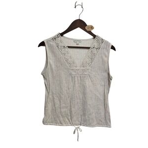 Earthbound Trading Co Women Oatmeal Crochet Lace V-Neck Ribbed Tank Top